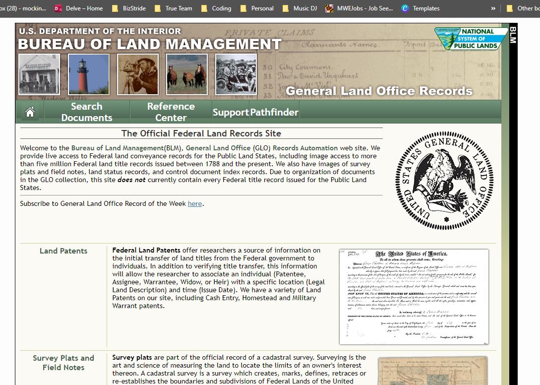 BLM GLO Home Page where menu is . Hit the Search Documents.