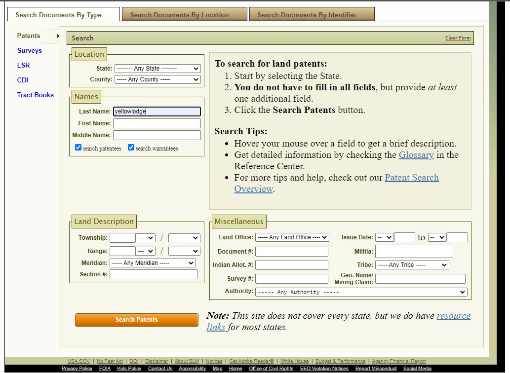 Search Patents Page of BLM GLO site